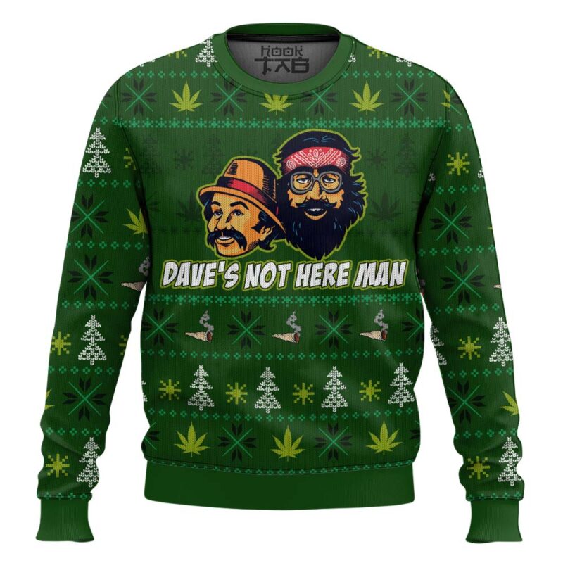 Hooktab Cheech And Chong Dave's Not Here Man Ugly Christmas Sweater