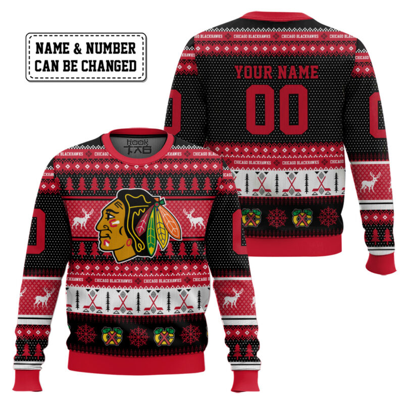 Hooktab Chicago Blackhawks - Custom Name And Number Ugly Sweater Hooktab Chicago Blackhawks - Custom Name And Number Ugly Sweater
