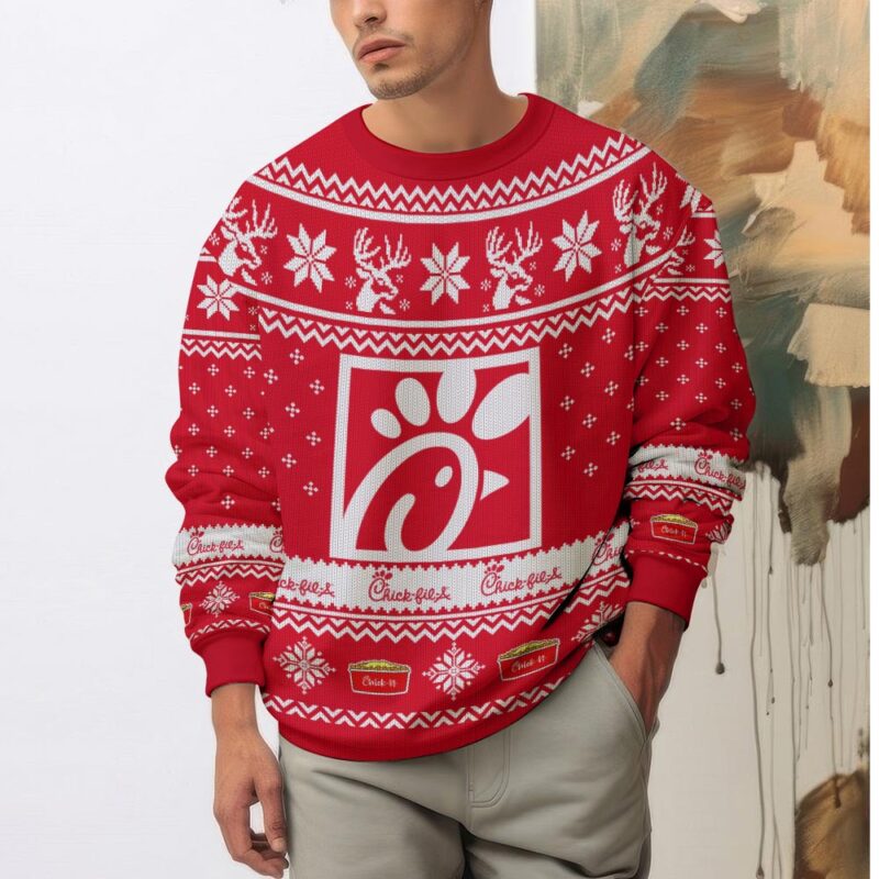 Hooktab Chick-fil-a Fast Food Ugly Christmas Sweater Hooktab Chick-fil-a Fast Food Ugly Christmas Sweater