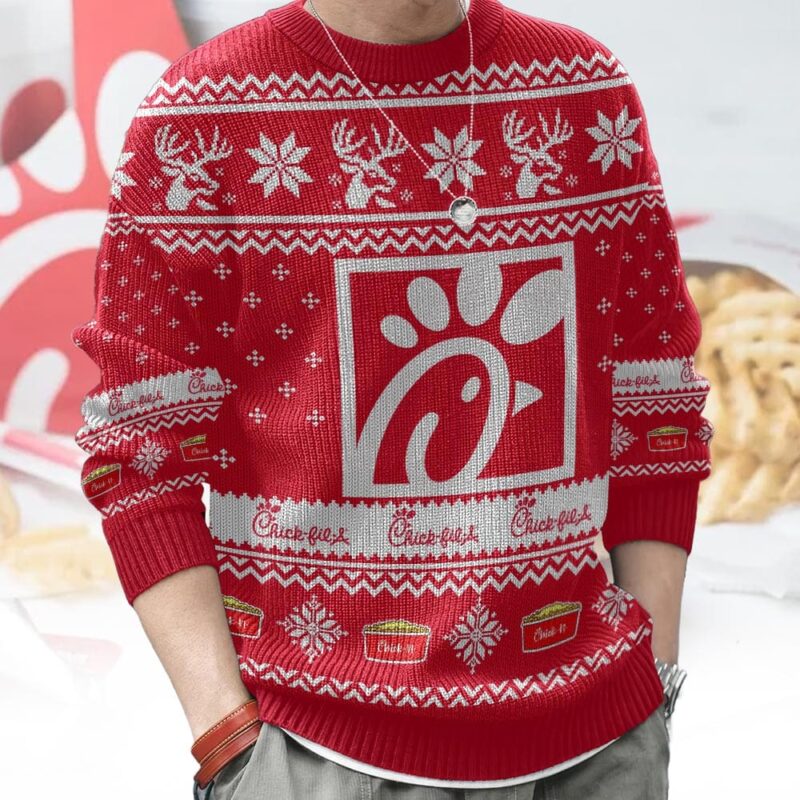 Hooktab Chick-fil-a Fast Food Ugly Christmas Sweater Hooktab Chick-fil-a Fast Food Ugly Christmas Sweater
