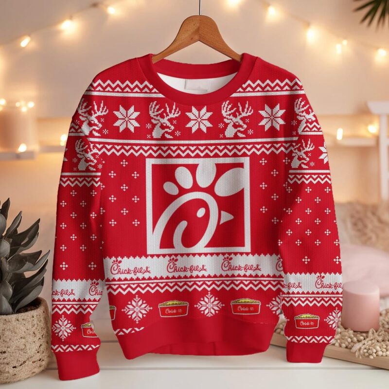 Hooktab Chick-fil-a Fast Food Ugly Christmas Sweater Hooktab Chick-fil-a Fast Food Ugly Christmas Sweater