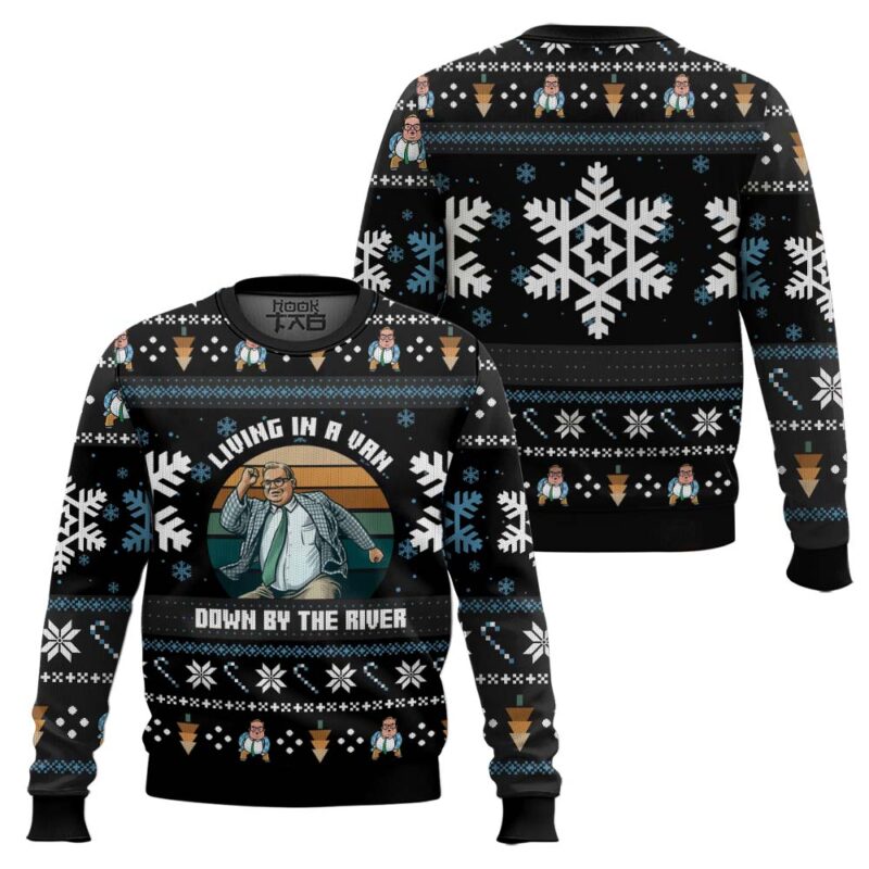 Hooktab Chris Farley Livin' In A Van Down By The River Saturday Night Live Ugly Christmas Sweater Hooktab Chris Farley Livin' In A Van Down By The River Saturday Night Live Ugly Christmas Sweater
