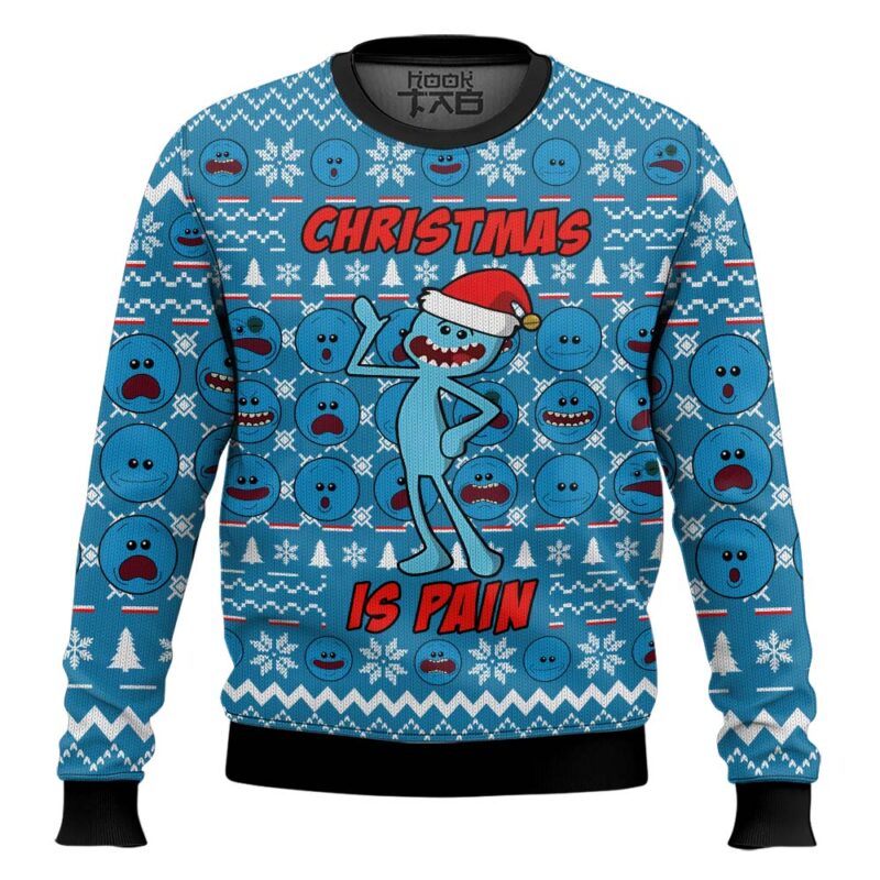 Hooktab Christmas Is Pain Mr. Meeseeks Rick And Morty Ugly Christmas Sweater