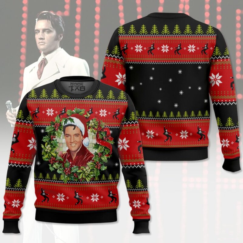 Hooktab Christmas Wreath Elvis Presley Ugly Christmas Sweater Hooktab Christmas Wreath Elvis Presley Ugly Christmas Sweater