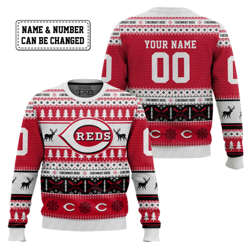 Hooktab Cincinnati Reds - Custom Name And Number Ugly Sweater Hooktab Cincinnati Reds - Custom Name And Number Ugly Sweater