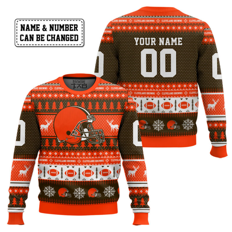 Hooktab Cleveland Browns - Custom Name And Number Ugly Sweater Hooktab Cleveland Browns - Custom Name And Number Ugly Sweater