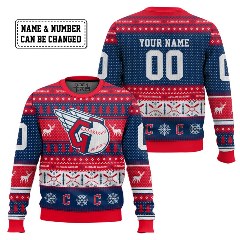 Hooktab Cleveland Guardians - Custom Name And Number Ugly Sweater Hooktab Cleveland Guardians - Custom Name And Number Ugly Sweater