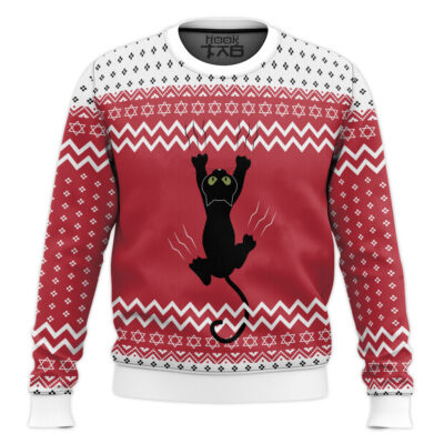 Hooktab Climbing Black Cat Ugly Christmas Sweater