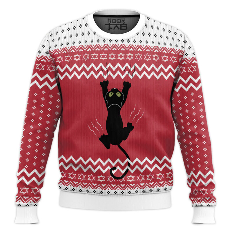 Hooktab Climbing Black Cat Ugly Christmas Sweater