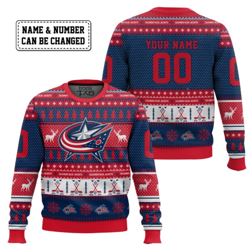 Hooktab Columbus Blue Jackets - Custom Name And Number Ugly Sweater Hooktab Columbus Blue Jackets - Custom Name And Number Ugly Sweater