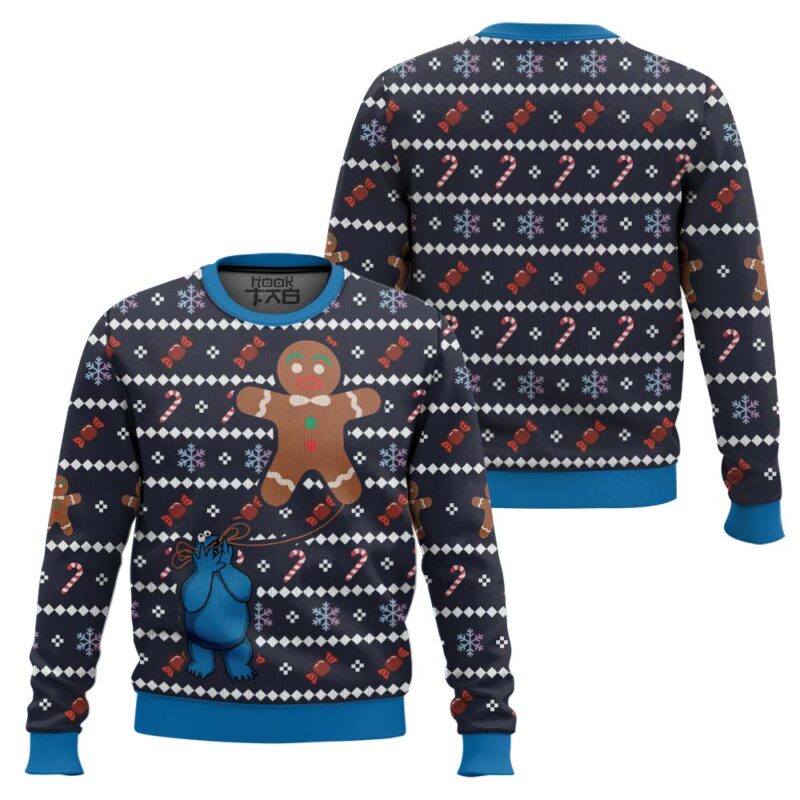 Hooktab Cookie Monster And The Gingerbread The The Muppet Show Ugly Christmas Sweater Hooktab Cookie Monster And The Gingerbread The The Muppet Show Ugly Christmas Sweater