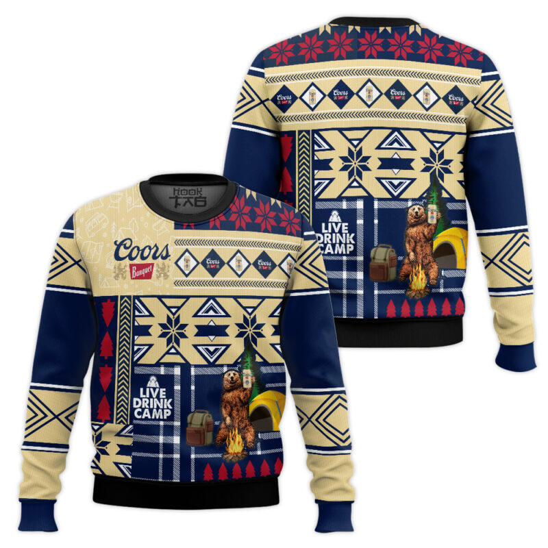 Hooktab Coors Banquet Camping Ugly Christmas Sweater Hooktab Coors Banquet Camping Ugly Christmas Sweater