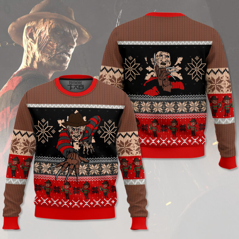Hooktab Crawling Freddy Krueger Ugly Christmas Sweater Hooktab Crawling Freddy Krueger Ugly Christmas Sweater