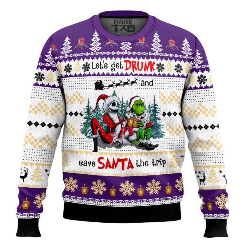Hooktab Crown Royal Let's Get Drunk And Save Santa The Trip Ugly Christmas Sweater