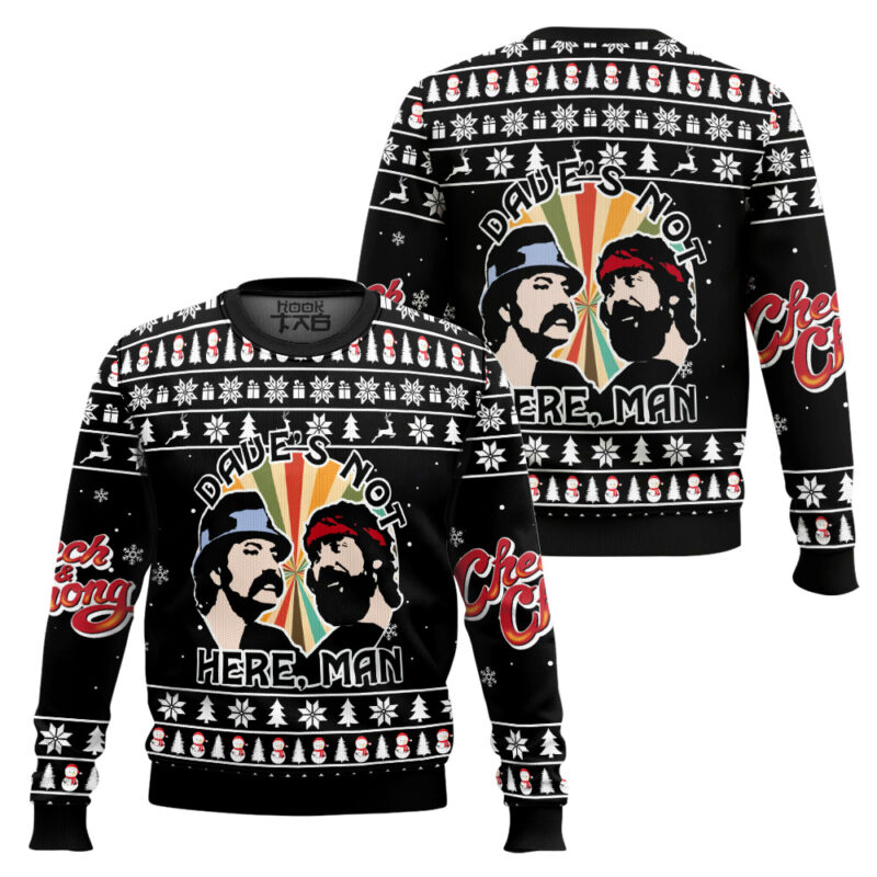 Hooktab Dave's Not Here Man Cheech & Chong Ugly Christmas Sweater Hooktab Dave's Not Here Man Cheech & Chong Ugly Christmas Sweater