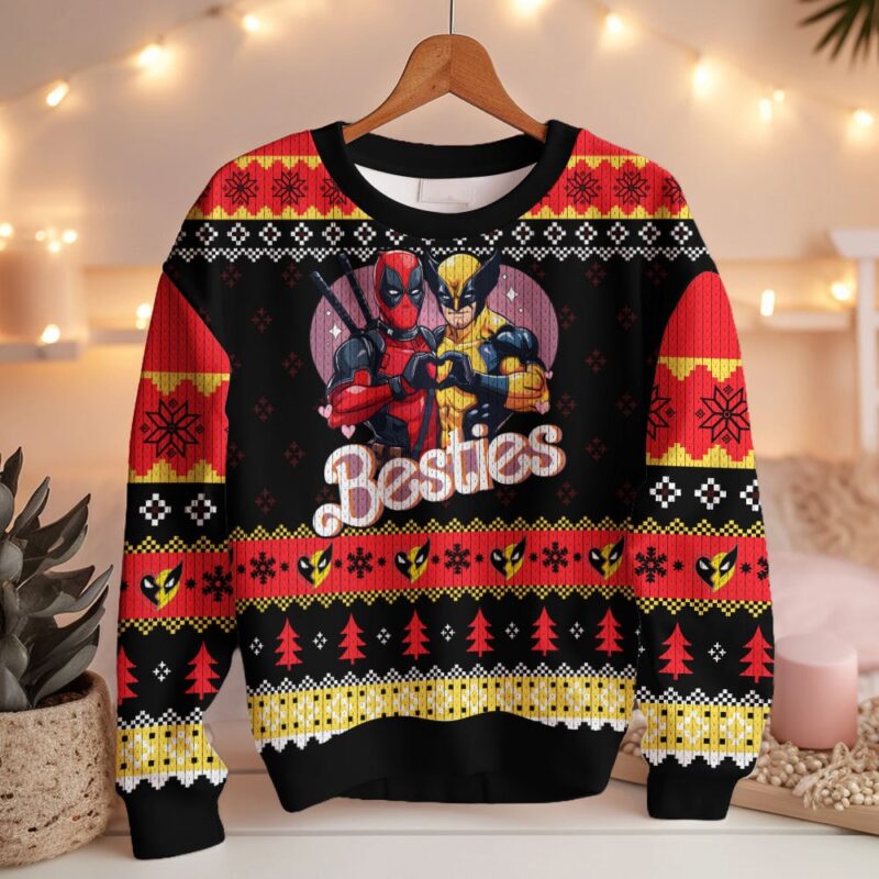 Hooktab Deadpool & Wolverine Besties Ugly Christmas Sweater Hooktab Deadpool & Wolverine Besties Ugly Christmas Sweater