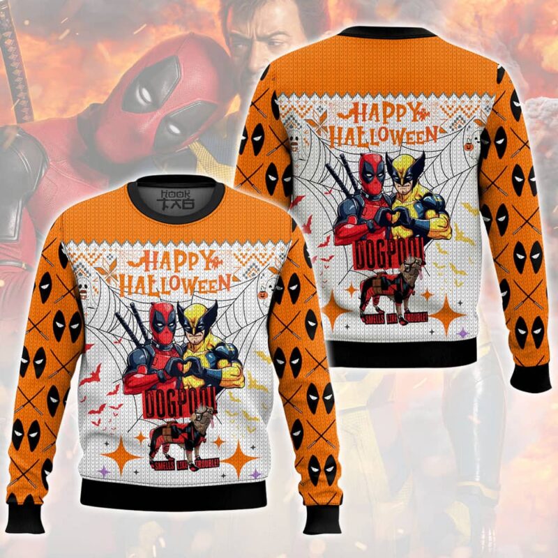 Hooktab Deadpool Wolverine Halloween Ugly Christmas Sweater Hooktab Deadpool Wolverine Halloween Ugly Christmas Sweater