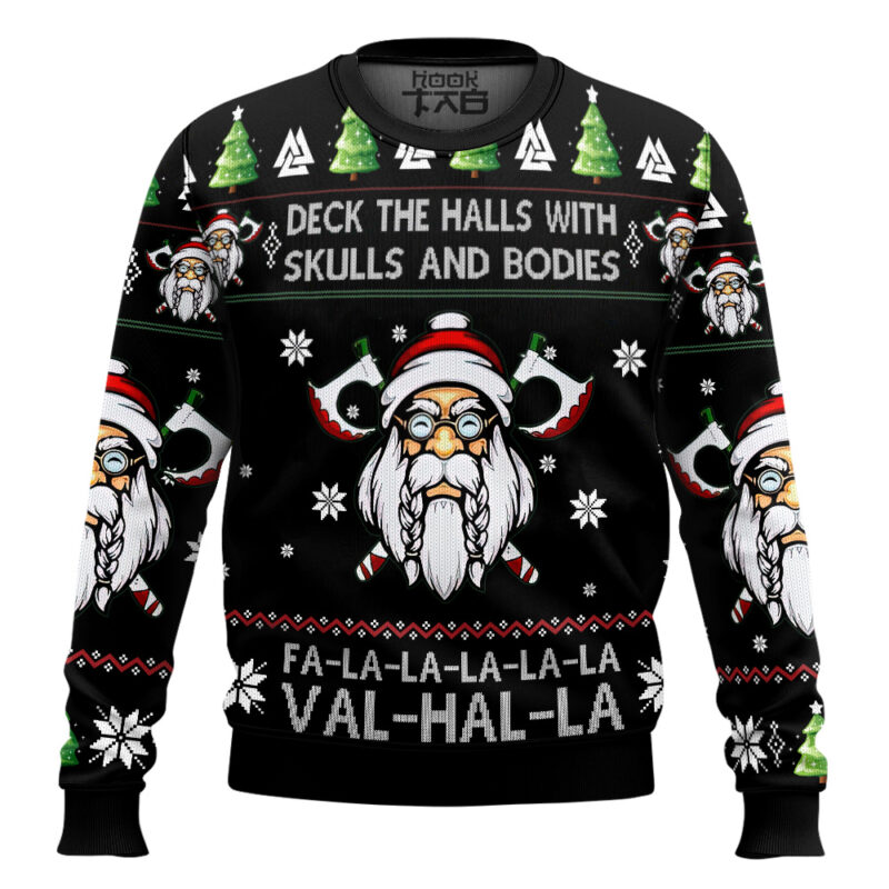Hooktab Deck The Halls With Skulls And Bodies Viking Ugly Christmas Sweater