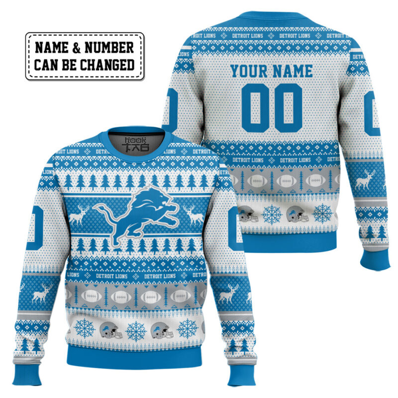 Hooktab Detroit Lions - Custom Name And Number Ugly Sweater Hooktab Detroit Lions - Custom Name And Number Ugly Sweater