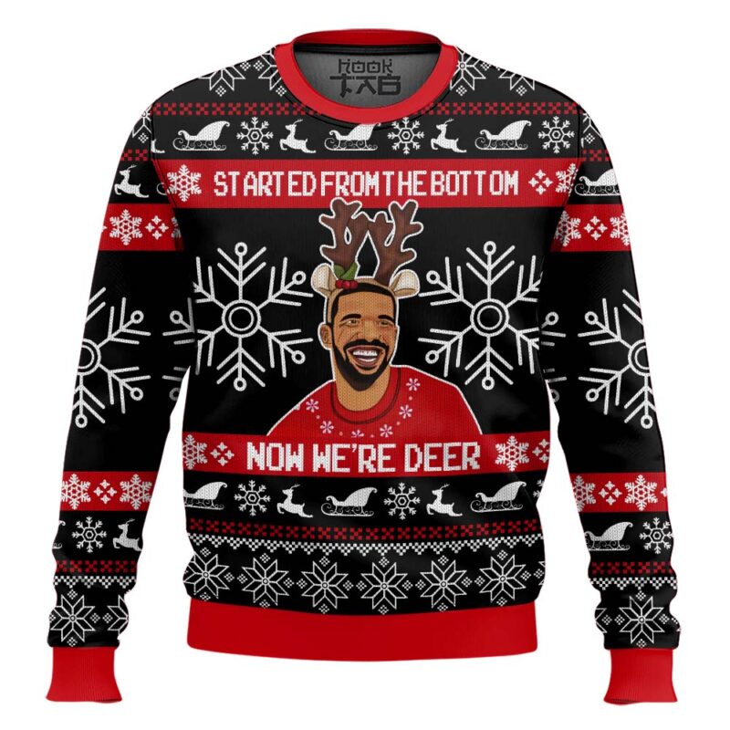 Hooktab Drake Started From The Bottom Now We’re Deer Ugly Christmas Sweater