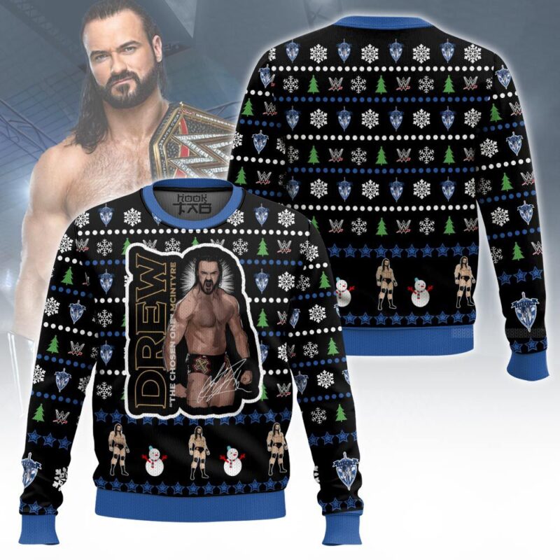 Hooktab Drew Mcintyre The Chosen One WWE Ugly Christmas Sweater Hooktab Drew Mcintyre The Chosen One WWE Ugly Christmas Sweater