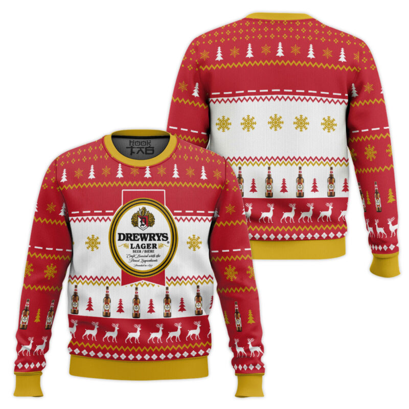 Hooktab Drewrys Lager Beer Ugly Christmas Sweater Hooktab Drewrys Lager Beer Ugly Christmas Sweater