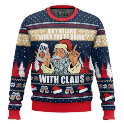 Hooktab Drink Miller Lite With Claus Ugly Christmas Sweater