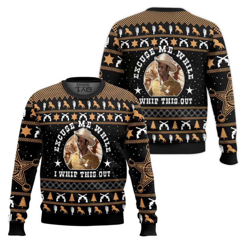 Hooktab Excuse Me While I Whip This Out Blazing Saddles 1974 Ugly Christmas Sweater Hooktab Excuse Me While I Whip This Out Blazing Saddles 1974 Ugly Christmas Sweater