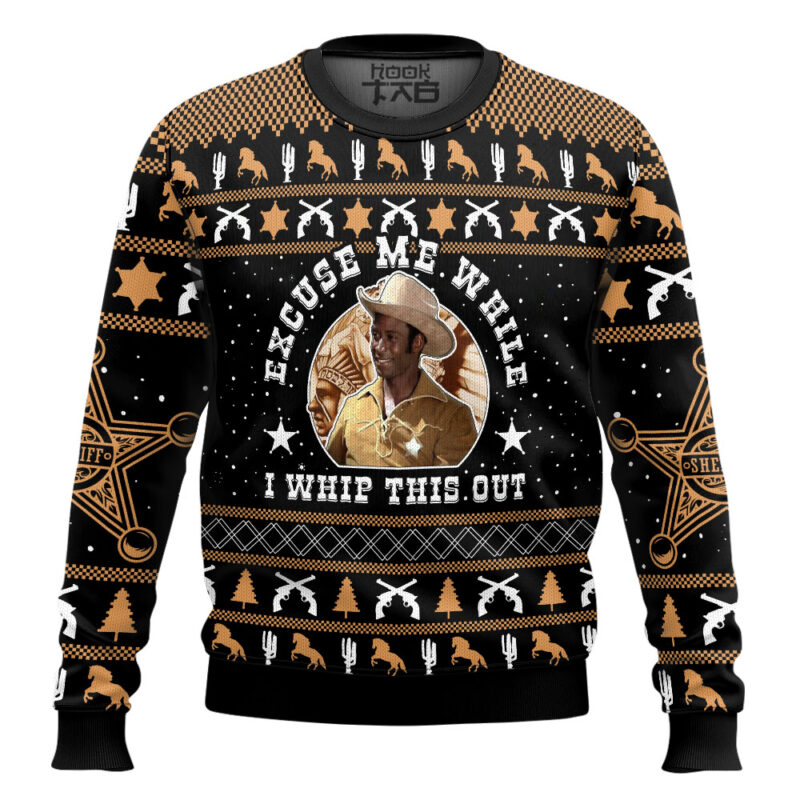 Hooktab Excuse Me While I Whip This Out Blazing Saddles 1974 Ugly Christmas Sweater Hooktab Excuse Me While I Whip This Out Blazing Saddles 1974 Ugly Christmas Sweater