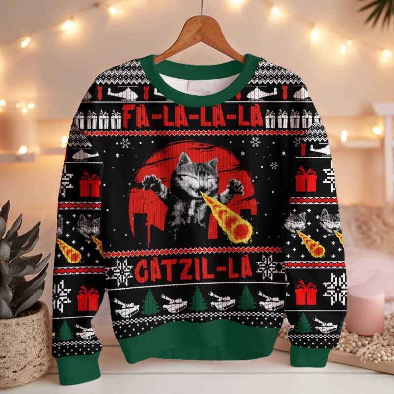 Hooktab Fa-La-La-La Catzila Ugly Christmas Sweater Hooktab Fa-La-La-La Catzila Ugly Christmas Sweater
