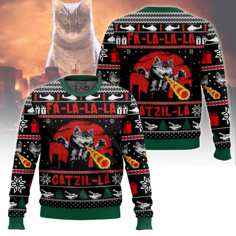 Hooktab Fa-La-La-La Catzila Ugly Christmas Sweater Hooktab Fa-La-La-La Catzila Ugly Christmas Sweater