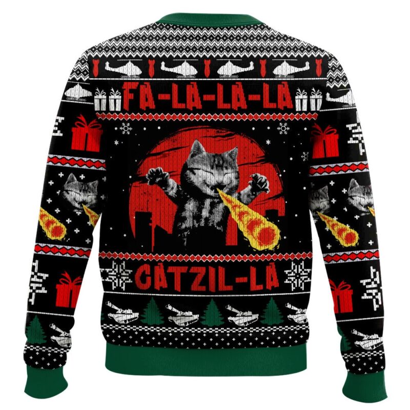 Hooktab Fa-La-La-La Catzila Ugly Christmas Sweater Hooktab Fa-La-La-La Catzila Ugly Christmas Sweater