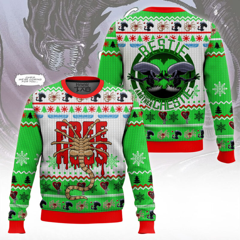 Hooktab Facehugger Free Hugs Alien Ugly Christmas Sweater Hooktab Facehugger Free Hugs Alien Ugly Christmas Sweater