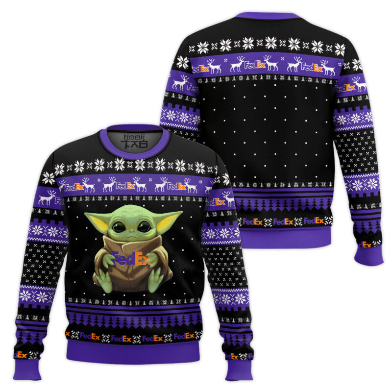 Hooktab FedEx Baby Yoda Ugly Christmas Sweater Hooktab FedEx Baby Yoda Ugly Christmas Sweater