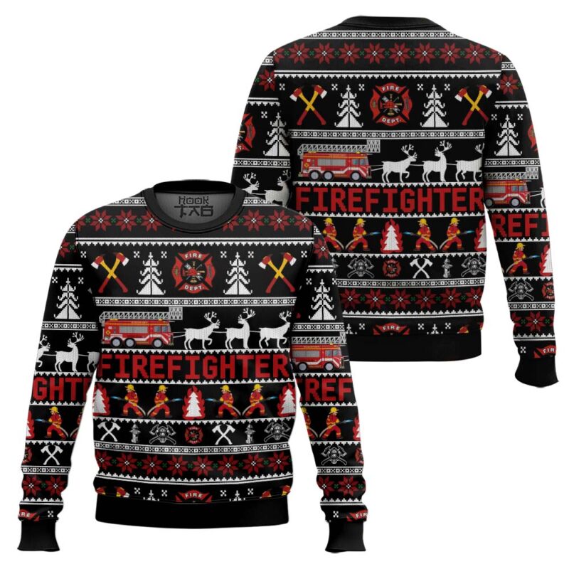 Hooktab Fire Dept Firefighter Ugly Christmas Sweater Hooktab Fire Dept Firefighter Ugly Christmas Sweater