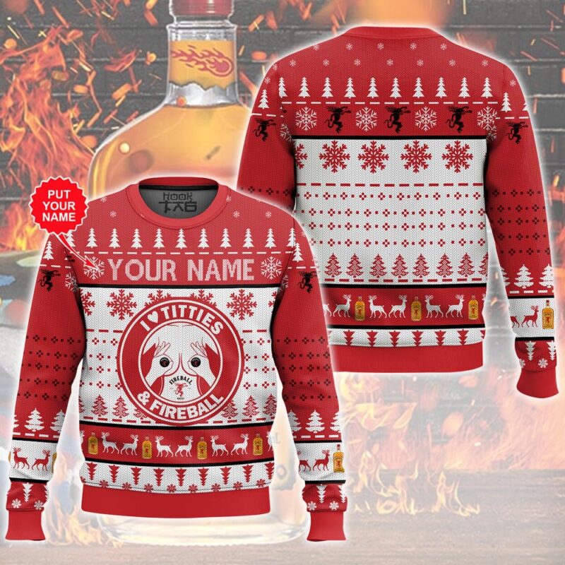 Hooktab Fireball Cinnamon Whisky Titties Funny - Custom Name Ugly Christmas Sweater Hooktab Fireball Cinnamon Whisky Titties Funny - Custom Name Ugly Christmas Sweater