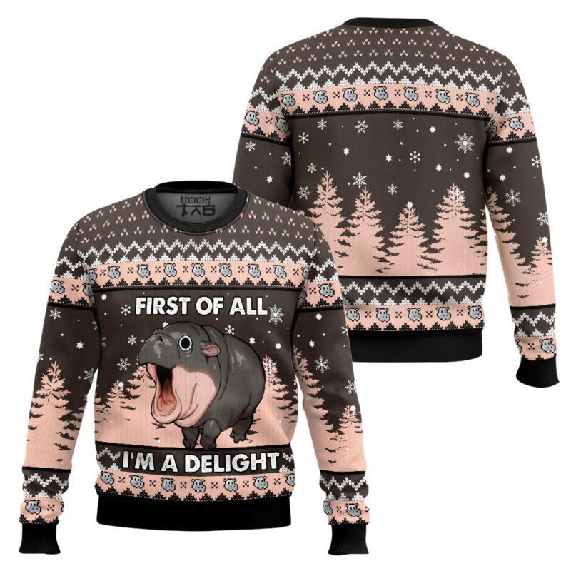 Hooktab First Of All I'm A Delight Hippo Ugly Christmas Sweater Hooktab First Of All I'm A Delight Hippo Ugly Christmas Sweater