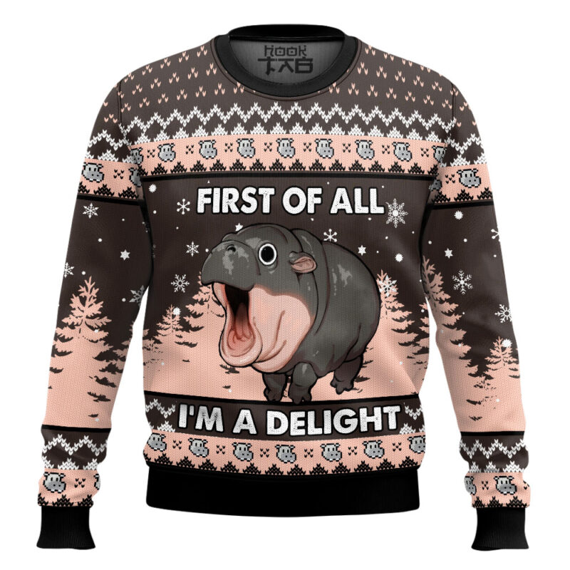 Hooktab First Of All I'm A Delight Hippo Ugly Christmas Sweater