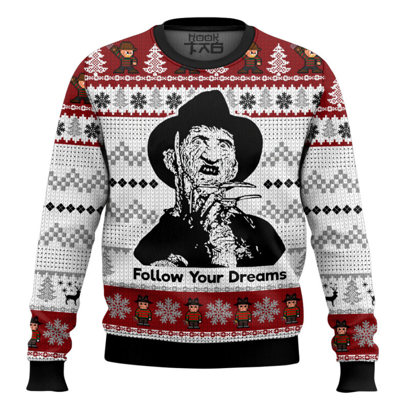 Hooktab Follow Your Dream Freddy Krueger Ugly Christmas Sweater Hooktab Follow Your Dream Freddy Krueger Ugly Christmas Sweater