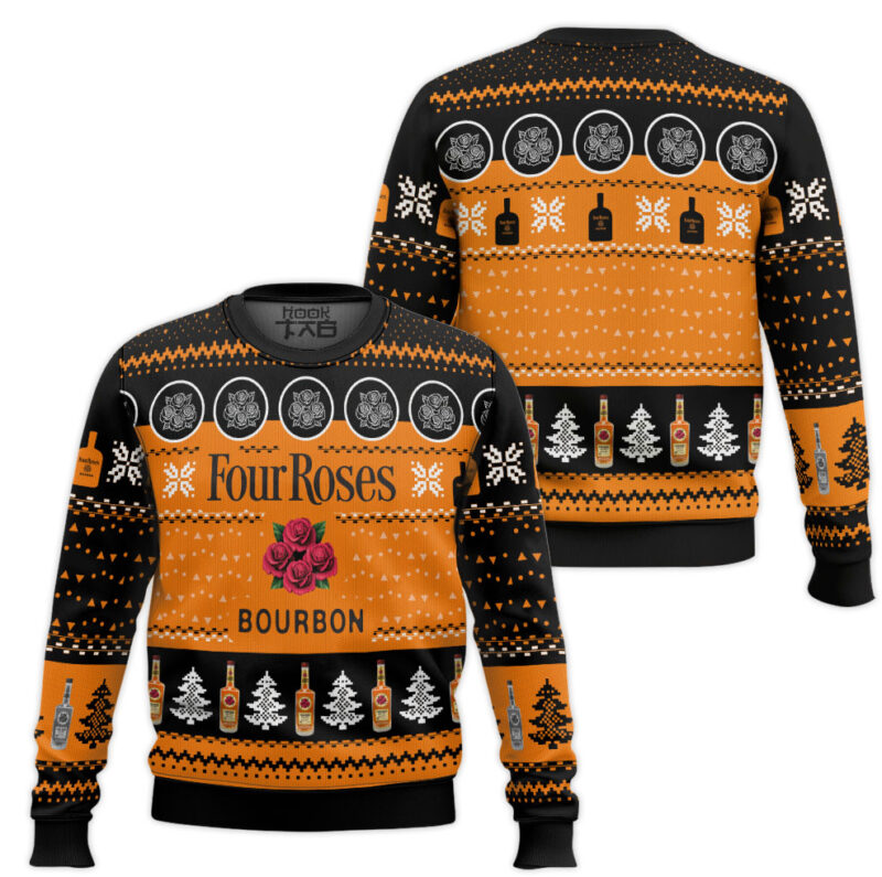 Hooktab Four Roses Bourbon Ugly Christmas Sweater Hooktab Four Roses Bourbon Ugly Christmas Sweater