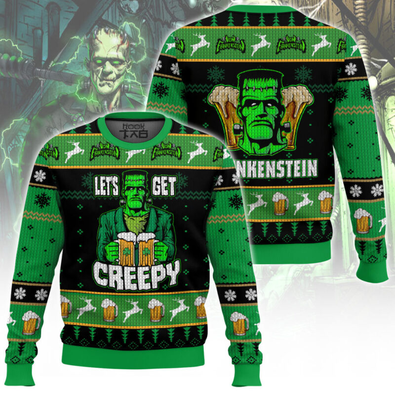 Hooktab Frankenstein's Monster Let's Get Creepy Ugly Christmas Sweater Hooktab Frankenstein's Monster Let's Get Creepy Ugly Christmas Sweater