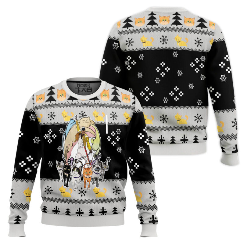 Hooktab Freddie Mercury & Cats Queen Ugly Christmas Sweater Hooktab Freddie Mercury & Cats Queen Ugly Christmas Sweater