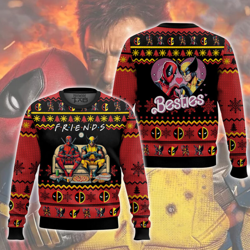 Hooktab F.R.I.E.N.D.S Besties Deadpool & Wolverine Ugly Christmas Sweater Hooktab F.R.I.E.N.D.S Besties Deadpool & Wolverine Ugly Christmas Sweater