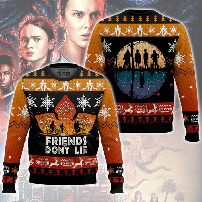 Hooktab Friends Don't Lie Stranger Things Ugly Christmas Sweater Hooktab Friends Don't Lie Stranger Things Ugly Christmas Sweater