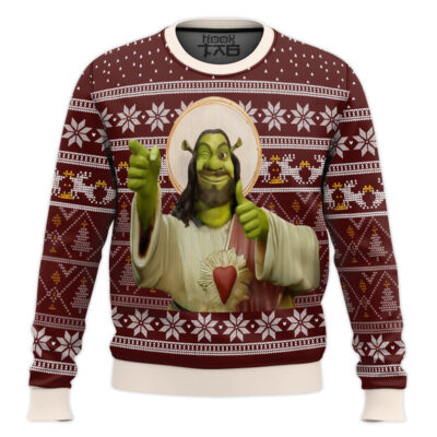 Hooktab Funny Jesus Shrek Ugly Christmas Sweater