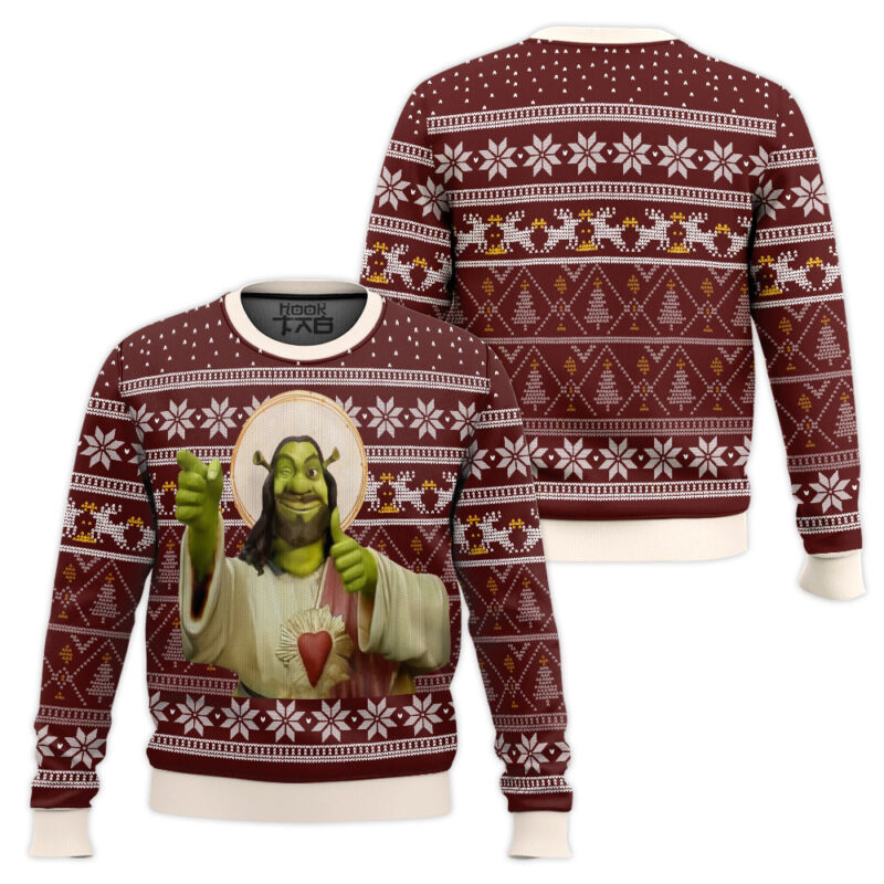 Hooktab Funny Jesus Shrek Ugly Christmas Sweater Hooktab Funny Jesus Shrek Ugly Christmas Sweater