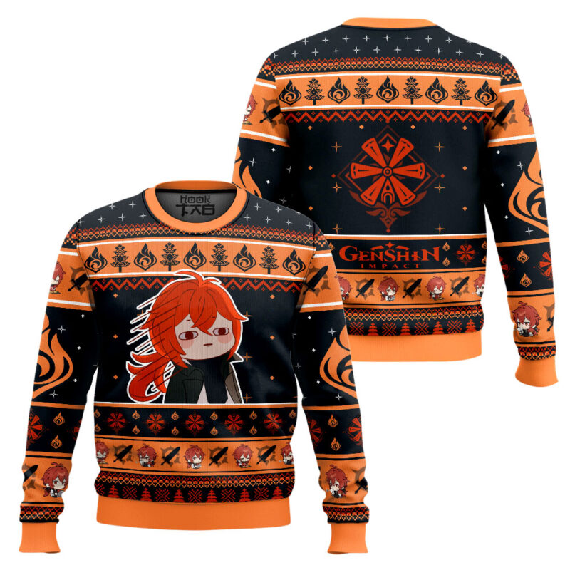 Hooktab Genshin Impact Diluc Ugly Christmas Sweater Hooktab Genshin Impact Diluc Ugly Christmas Sweater