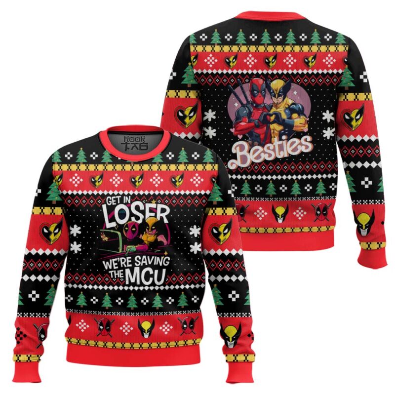 Hooktab Get In Loser We're Saving MCU Deadpool & Wolverine Ugly Christmas Sweater Hooktab Get In Loser We're Saving MCU Deadpool & Wolverine Ugly Christmas Sweater