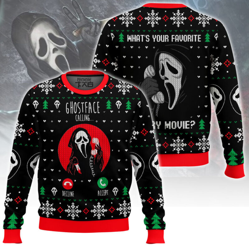 Hooktab Ghostface Calling Scream Ugly Christmas Sweater Hooktab Ghostface Calling Scream Ugly Christmas Sweater