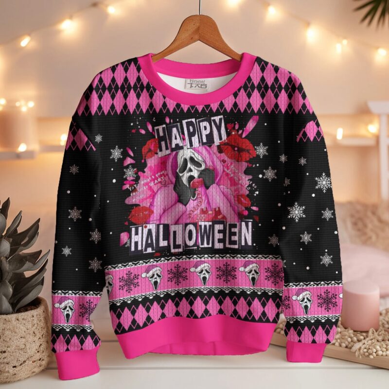 Hooktab Ghostface Happy Halloween Scream Ugly Christmas Sweater Hooktab Ghostface Happy Halloween Scream Ugly Christmas Sweater